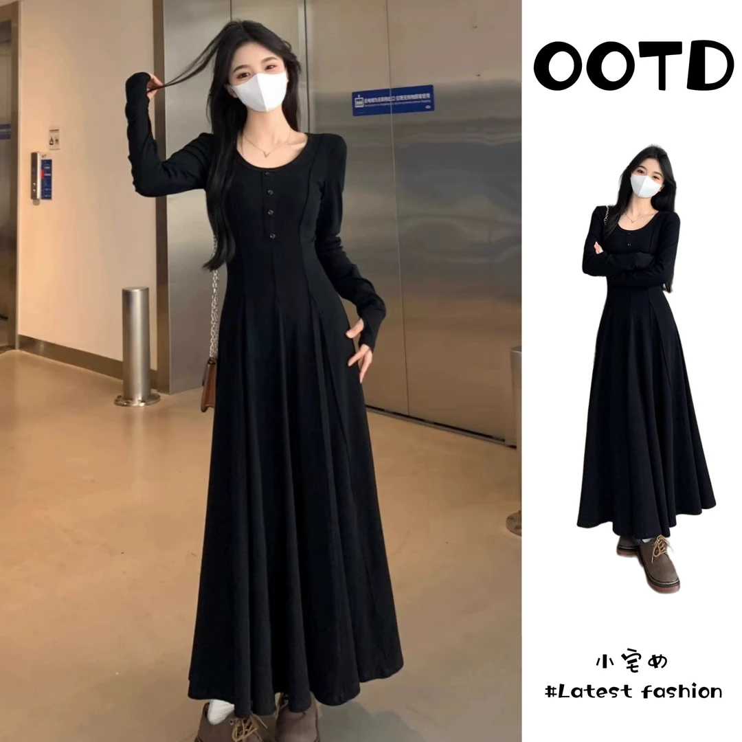 黑色长袖赫本风连衣裙女秋冬新款收腰显瘦气质高级垂坠感打底长裙