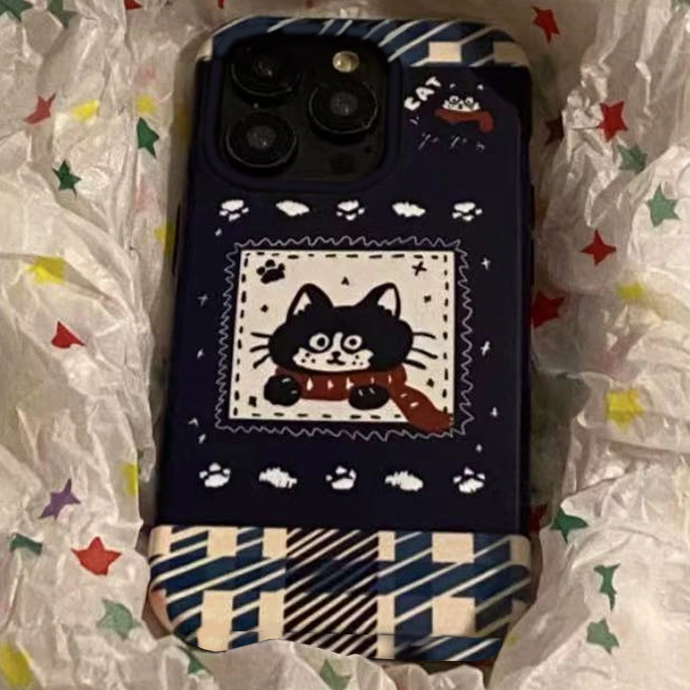 格纹复古黑猫适用苹果16/15手机壳X可爱14Promax/13/11PRO创意XR