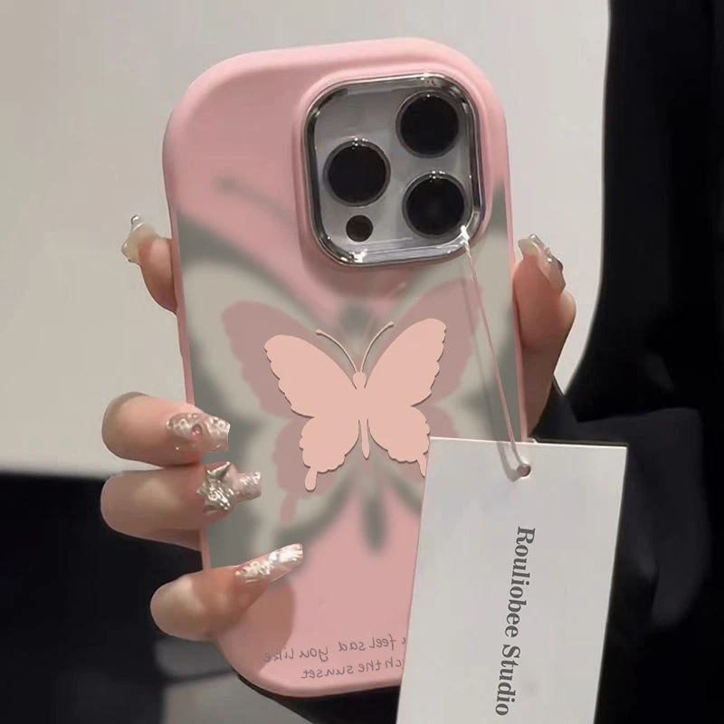 金属椭圆彩色蝴蝶适用苹果15/14promax手机壳iPhone12/13女xr肤感