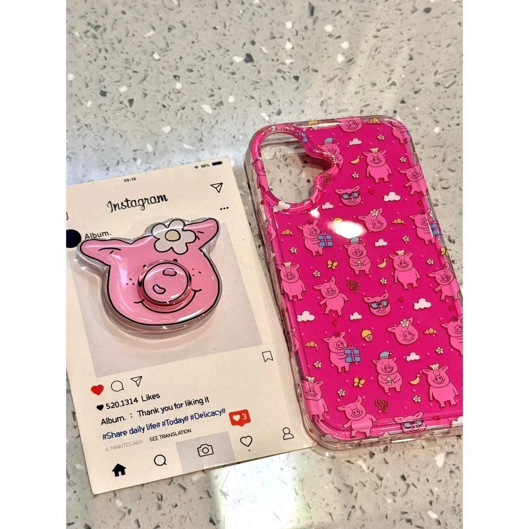 卡通玛莎猪适用苹果16promax手机壳iPhone15猪鼻子支架12双层IMD