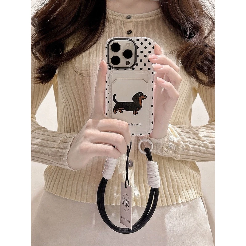 波点腊肠狗适用苹果15promax手机壳卡包iPhone13/14/11挂绳12硅胶