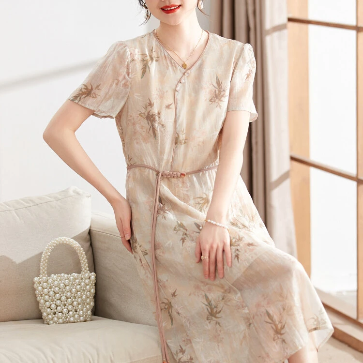 喜卉法式女装连衣裙夏季新款时尚显瘦复古中国风提花中老年妈妈装