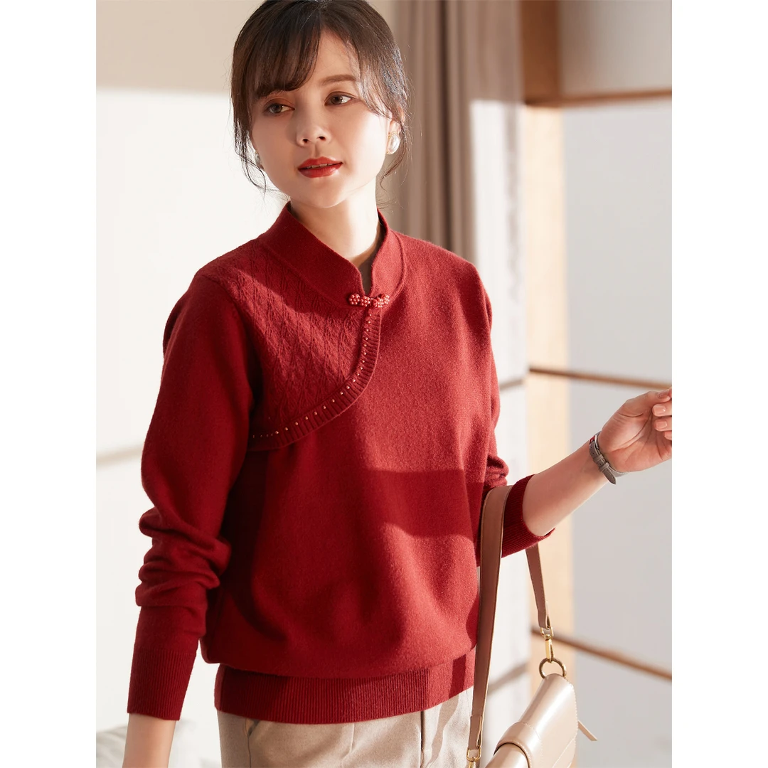 喜卉妈妈冬装加绒保暖针织内搭秋冬新款中老年女装喜婆婆红色毛衣