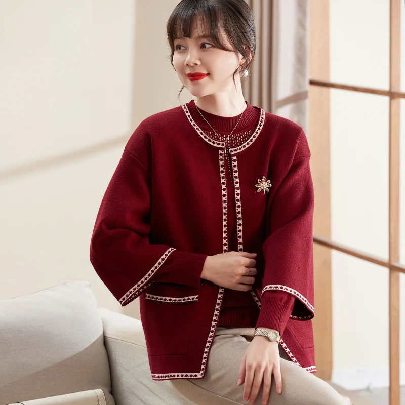 喜卉妈妈冬装红色喜庆针织衫中老年中年女式过年衣服保暖两件套装