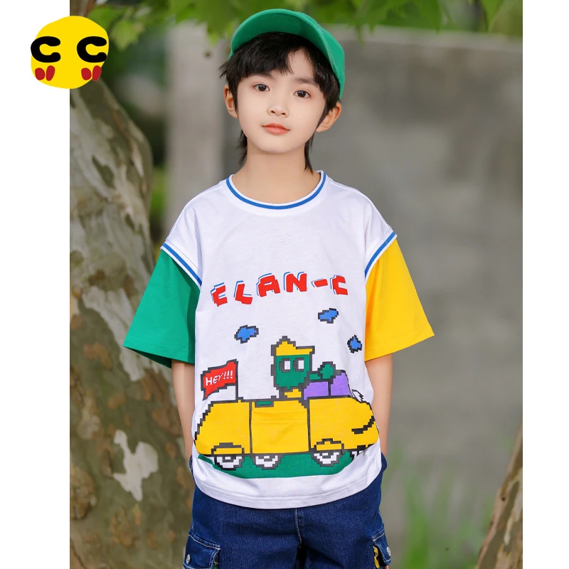 clanc潮牌童装24夏新款儿童卡通撞色印花纯棉运动上衣男童短袖T恤