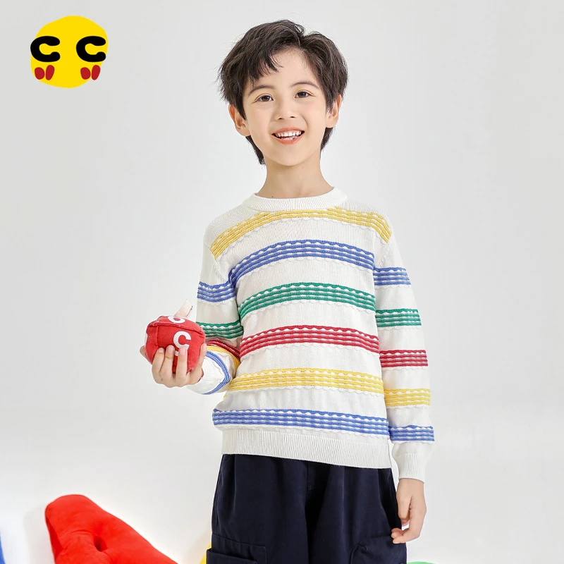 clanc潮牌童装24秋冬新款儿童纯棉圆领打底衫毛衣男童条纹针织衫