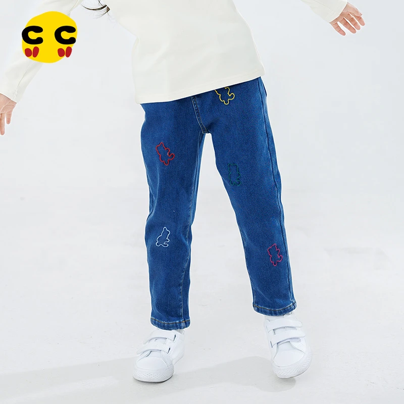 clanc潮牌童装23冬季新款儿童加绒直筒裤洋气保暖长裤女童牛仔裤
