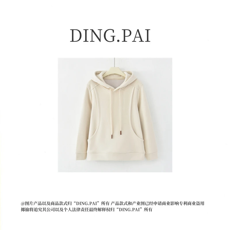 DINGPAI-「休闲简约」2024加绒加厚冬季女新款纯色连帽卫衣K-K1062