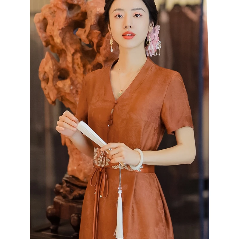 复古日记落花砌绫丨100桑蚕丝红云纱刺绣连衣裙222L6445