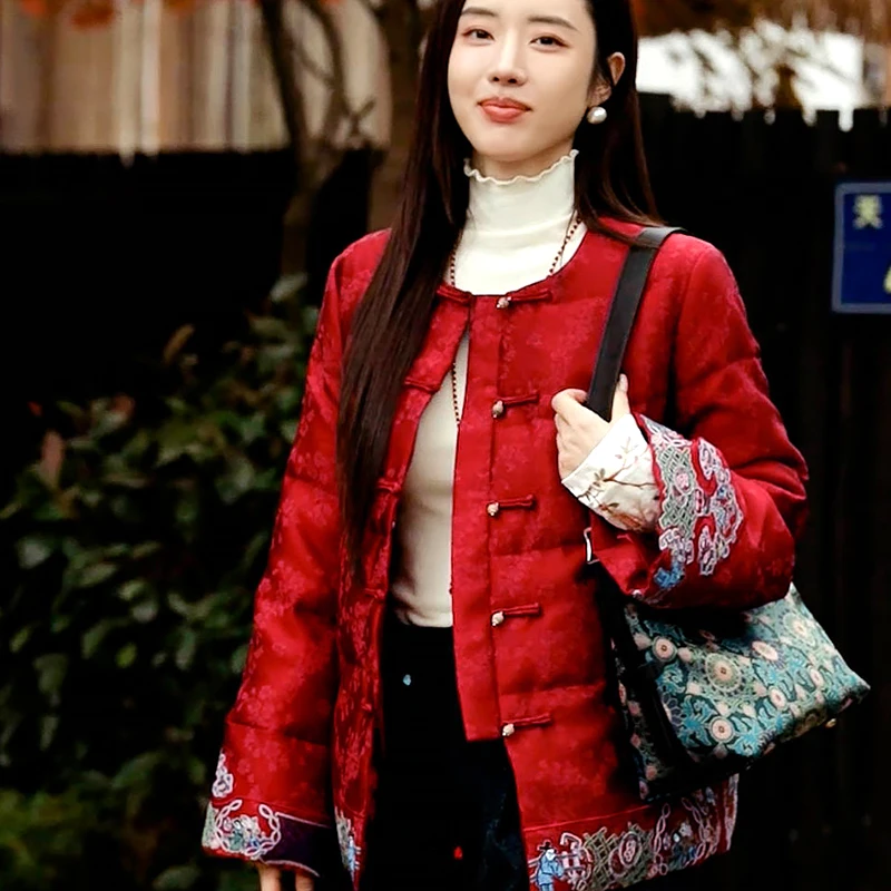 复古日记“男耕女织”50mm重绉锦如意提花打籽绣中式对襟鹅绒服外套