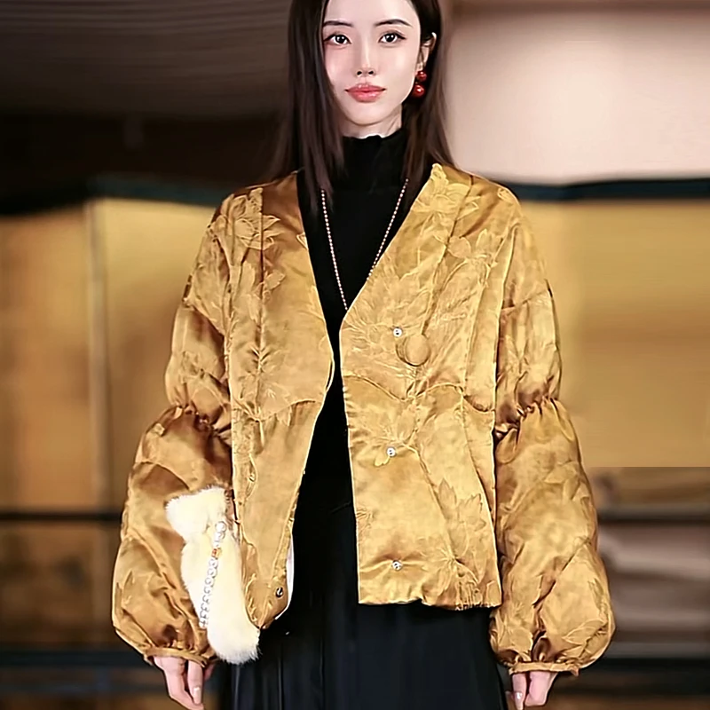 复古日记“钱袋子”减龄新国风桑蚕丝提花鹅绒服外套女24HR300