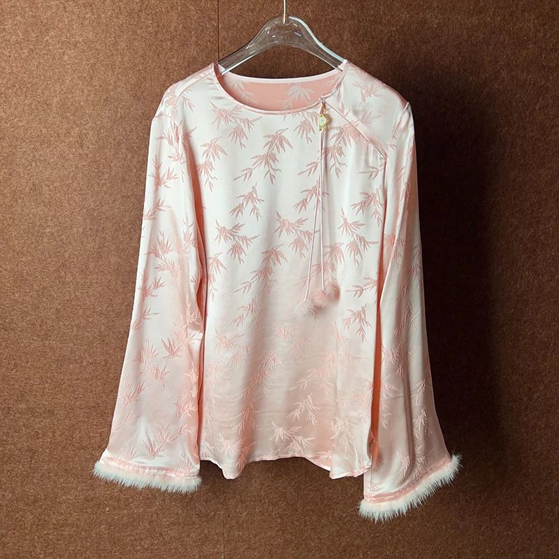 复古日记100桑蚕丝新中式时尚女上衣衬衣衬衫长袖打底圆领23HC119