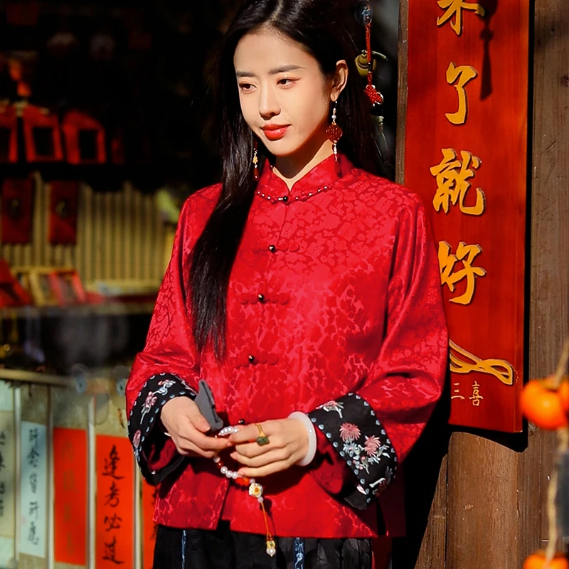 复古日记“拜年服6”桑蚕丝四中式对襟盘扣刺绣红色外套241W5187