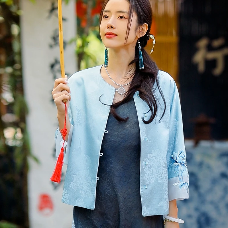 复古日记新中式夏季圆领桑蚕丝宽松绣花宽松女士上衣外套242W6321