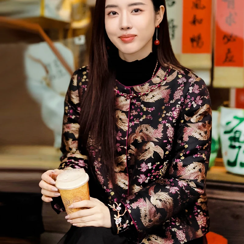 复古日记“与凤行”早春新品桑蚕丝宋锦鸵鸟毛轻羽绒外套24HR287