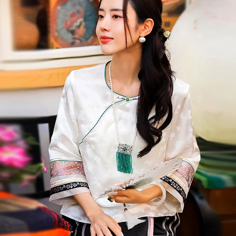 复古日记新中式100桑蚕丝圆领夏季宽松显瘦国风女士上衣242C6347