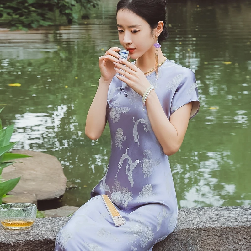 复古日记桑蚕丝“千山翠”新国风冠乐绉斜裁旗袍连衣裙232L6976