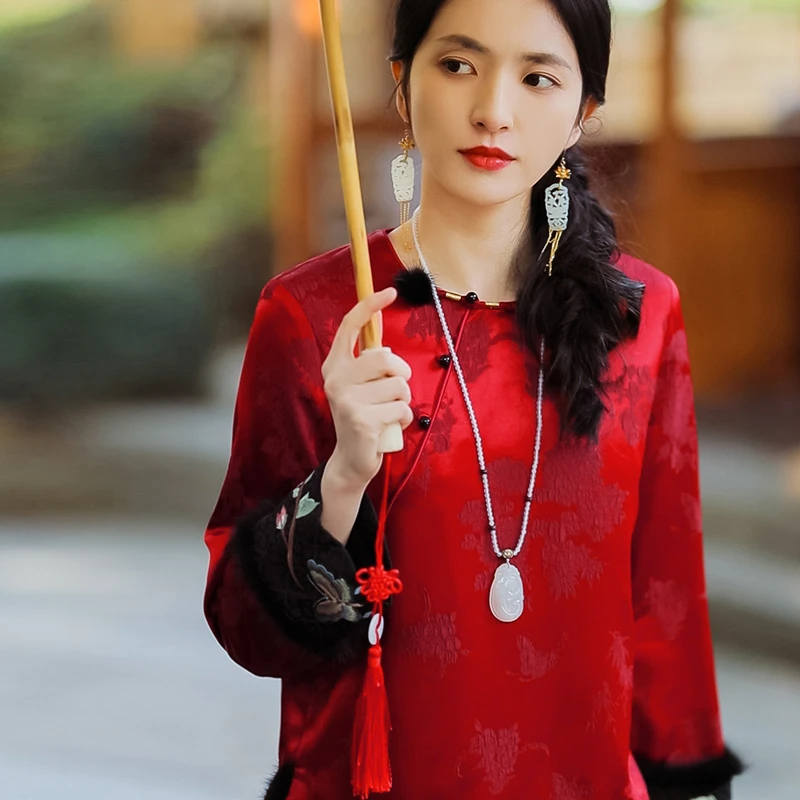 复古日记"喜相逢"中式红色水貂拼接新品绣花国风加厚衬衫237C5155