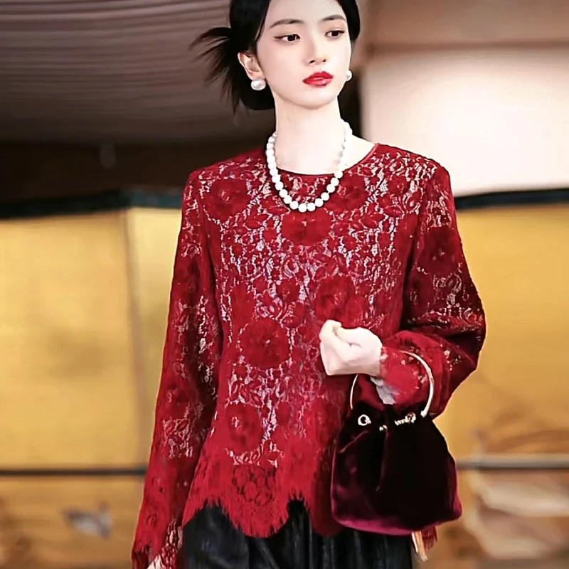复古日记新中式“红颜”双层剪花蕾丝圆领轻国风红色女上衣24GT168