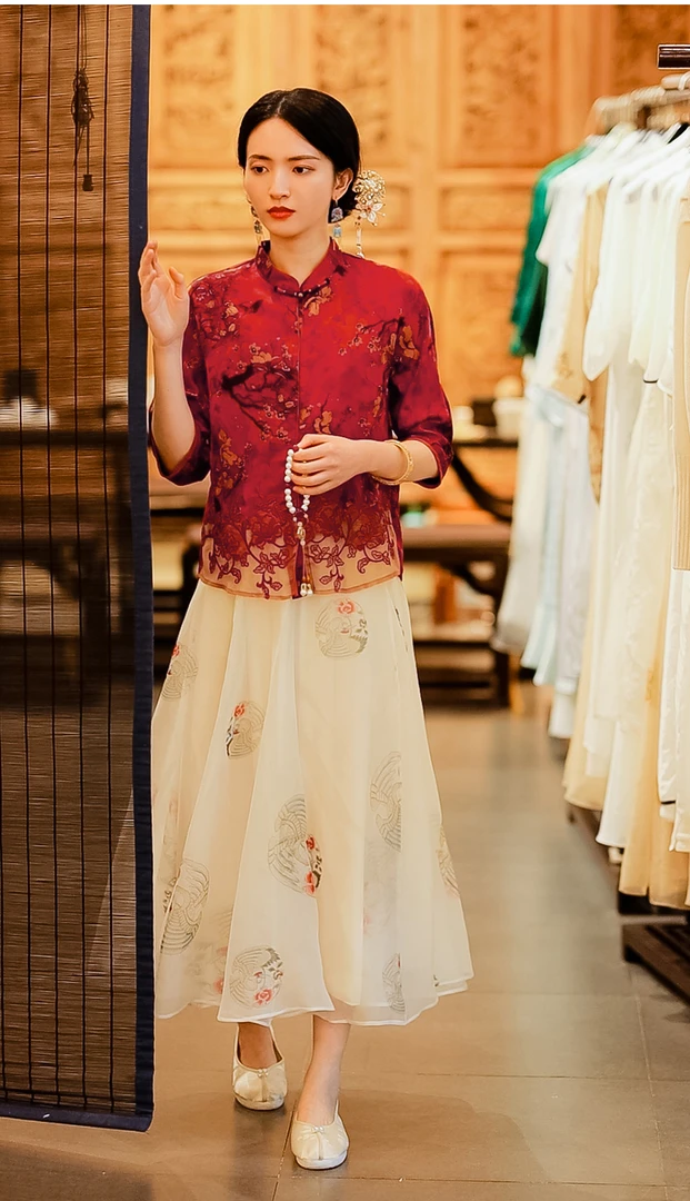 复古日记欧根纱100桑蚕丝印花国风松紧腰半裙中国风轻奢设计裙子