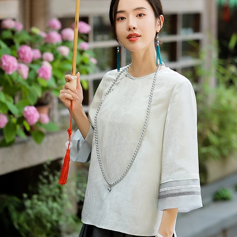 复古日记“月桐”100桑蚕丝新中式提花假两件国风小衫上衣242C5322