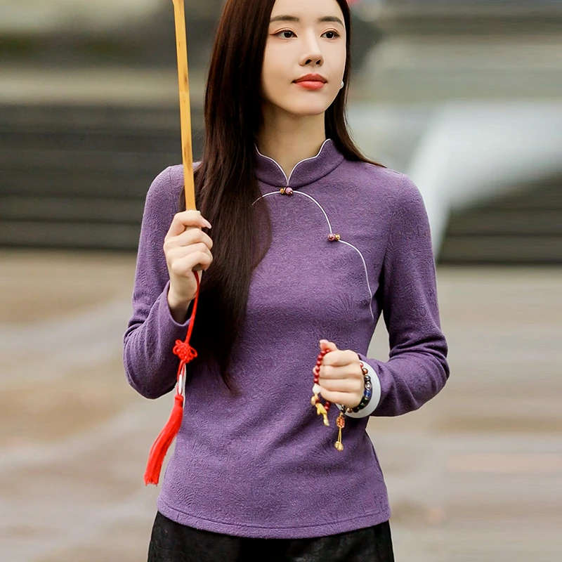 复古日记“故里逢春”新中式美玲襟花瓣领蕾丝T恤国风上衣247T5472