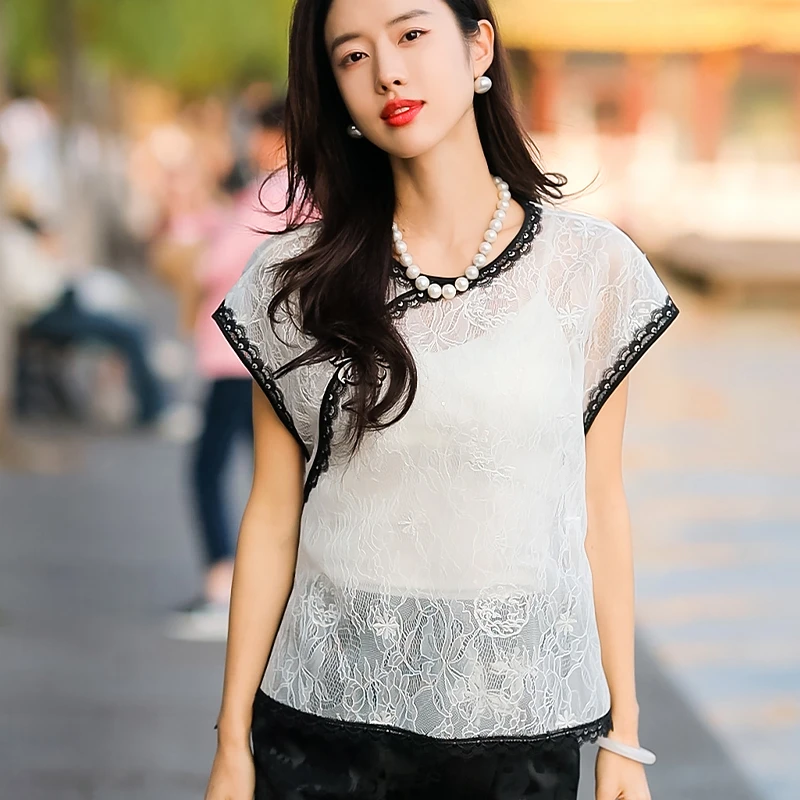 复古日记新中式国风桑蚕丝圆领蕾丝夏季中国风女士上衣24FC198