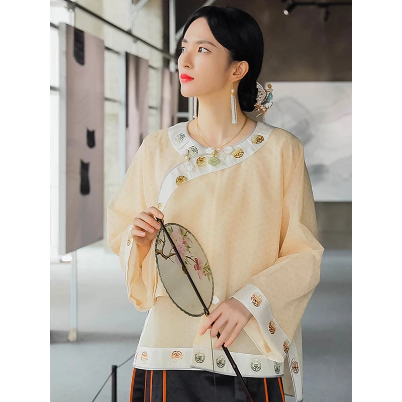 复古日记秋季100桑蚕丝长袖中式国风上衣23GC107