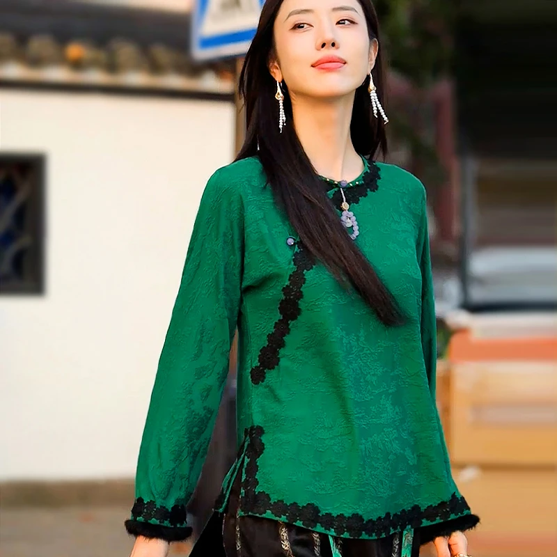 复古日记新中式长袖夏季圆领提花中国风宽松女上衣衬衫237C5171