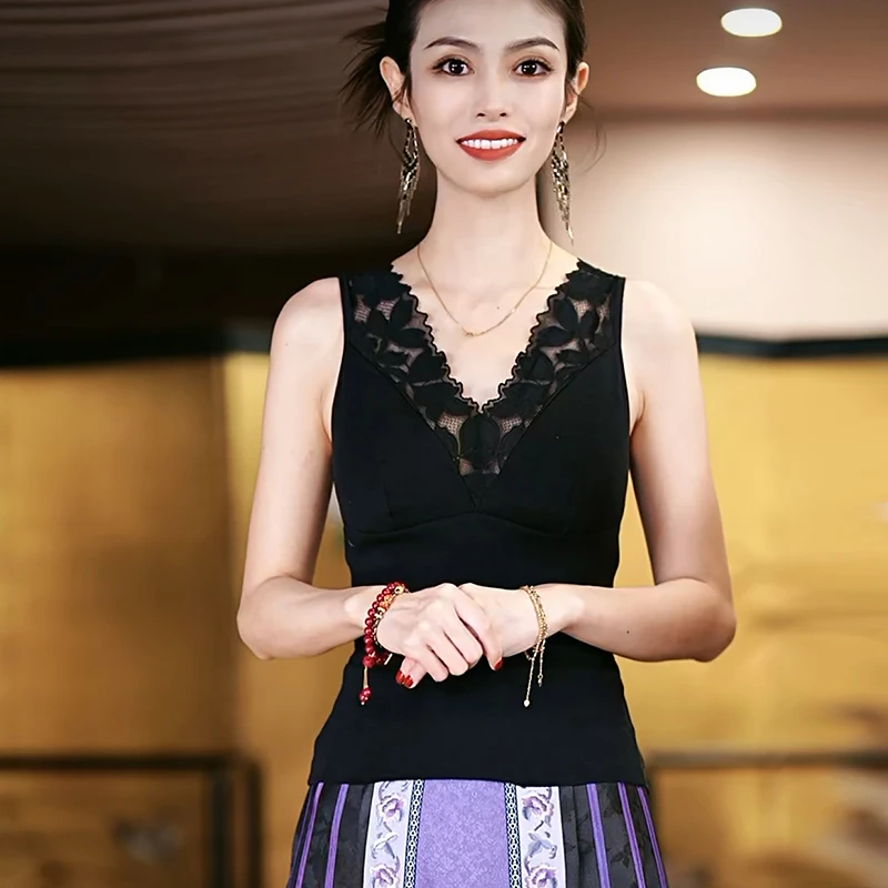 复古日记"百搭背心"桑蚕丝磨毛免穿文胸蕾丝国风拼接打底背心上衣