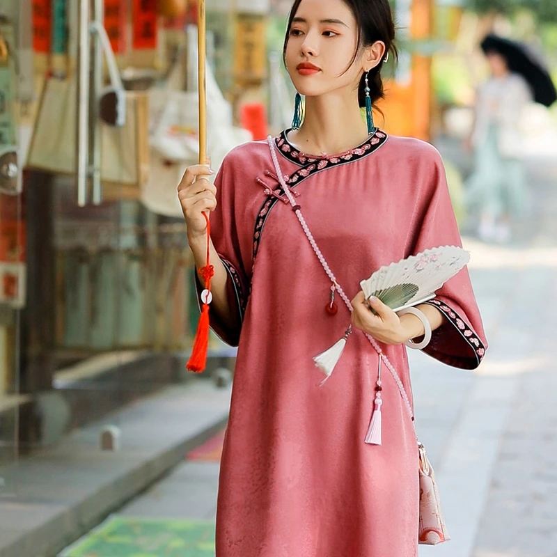 复古日记100桑蚕丝提花半开襟中式改良旗袍连衣裙242L5327