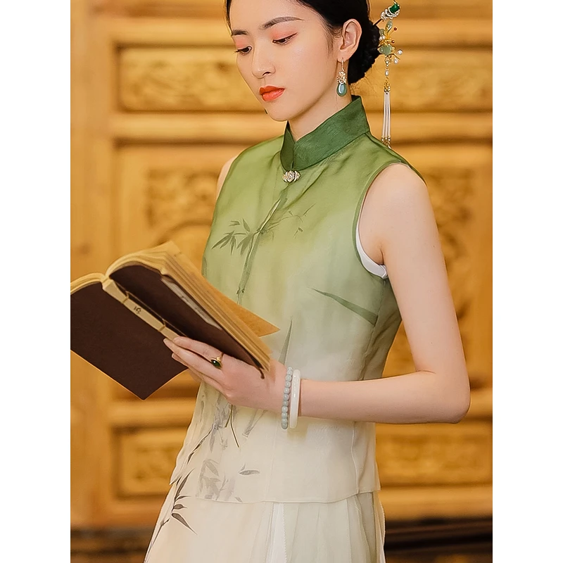 复古日记100桑蚕丝中国风日常渐变色欧根纱印花无袖马夹女3191105