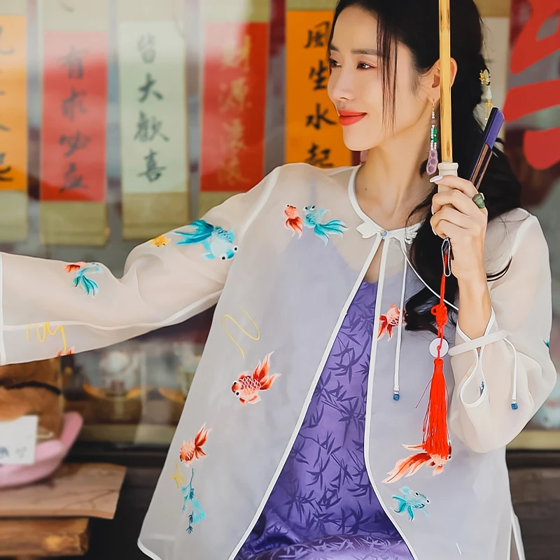 复古日记“初见”100桑蚕丝欧根纱锦鲤刺绣防晒空调衫外套242W6355