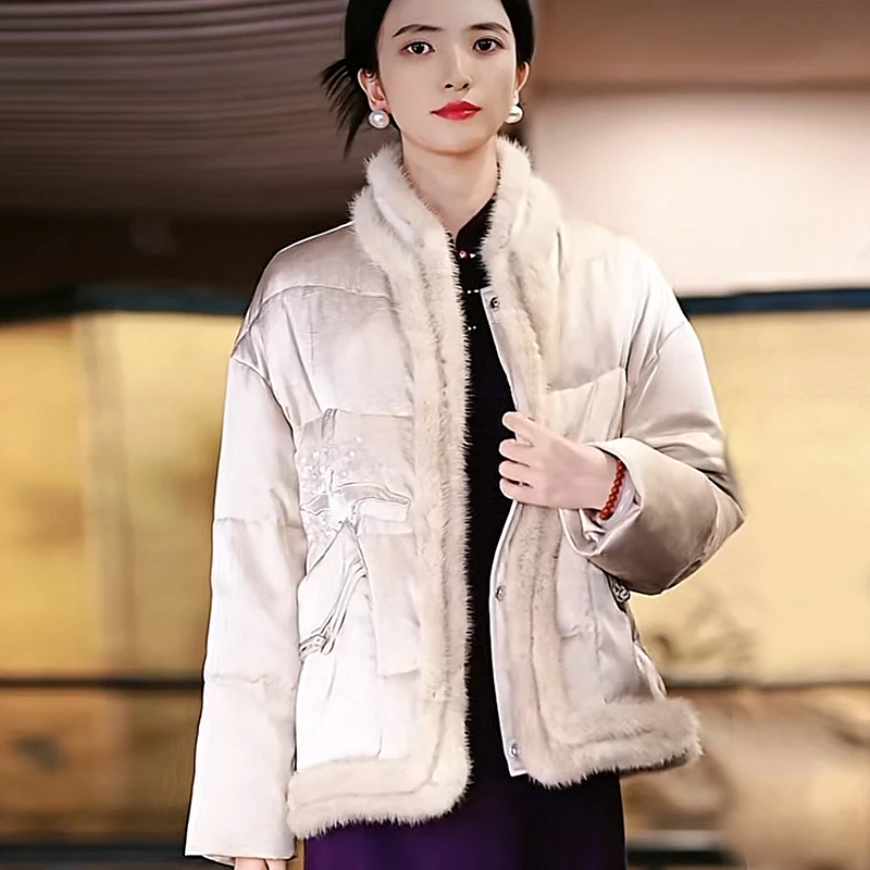 复古日记新中式“晚汀”3防白鹅绒珠片绣花水貂羽绒女装外套24HR257