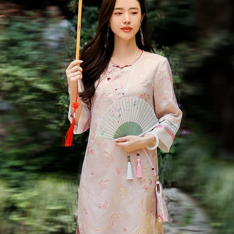 复古日记100桑蚕丝新中式气质夏季国风旗袍宽松连衣裙242L6380