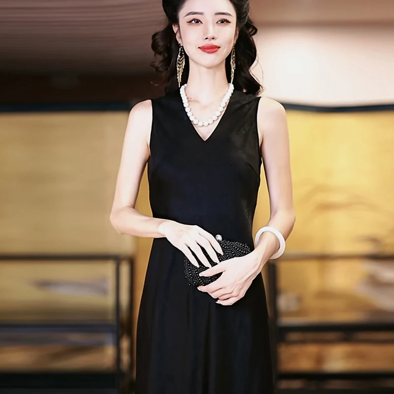 复古日记新中式国风女装桑蚕丝V领国风女装连衣裙245L7352