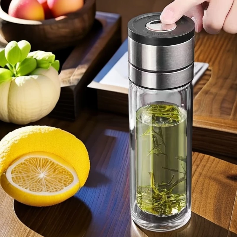 一键速开钢盖双层 高硼硅玻璃杯男女商务杯车载高档便携透明