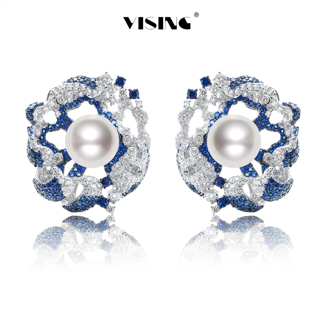 VISING 925银合成锆石耳饰 白贝珠耳钉海洋传说蓝色耳钉24021404K
