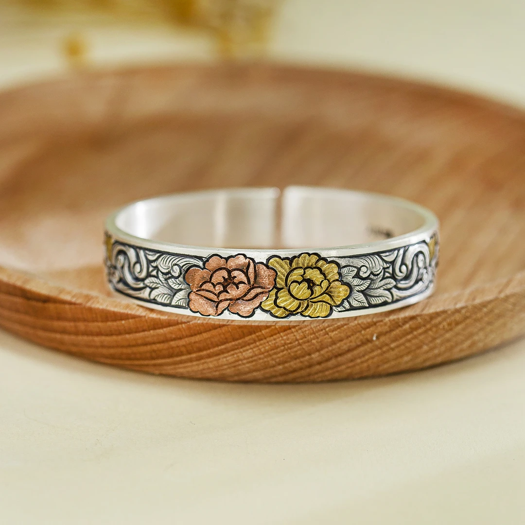 足银手镯 牡丹足银999手工錾刻浮雕高工艺手镯  【约60克】