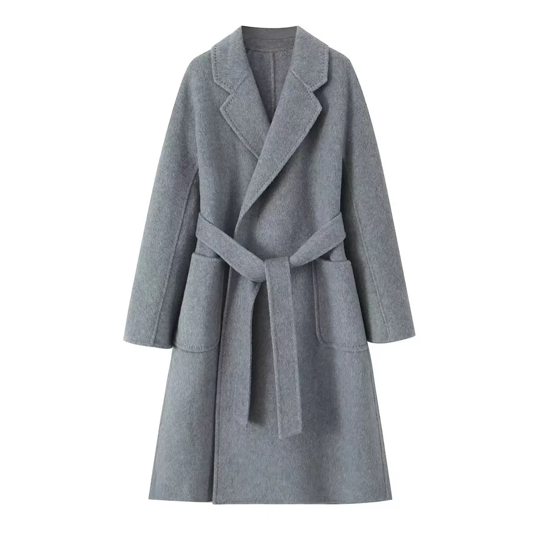 琳琳家秋冬款时尚外套大衣百搭毛呢中长款冬季气质女士灰色双面呢