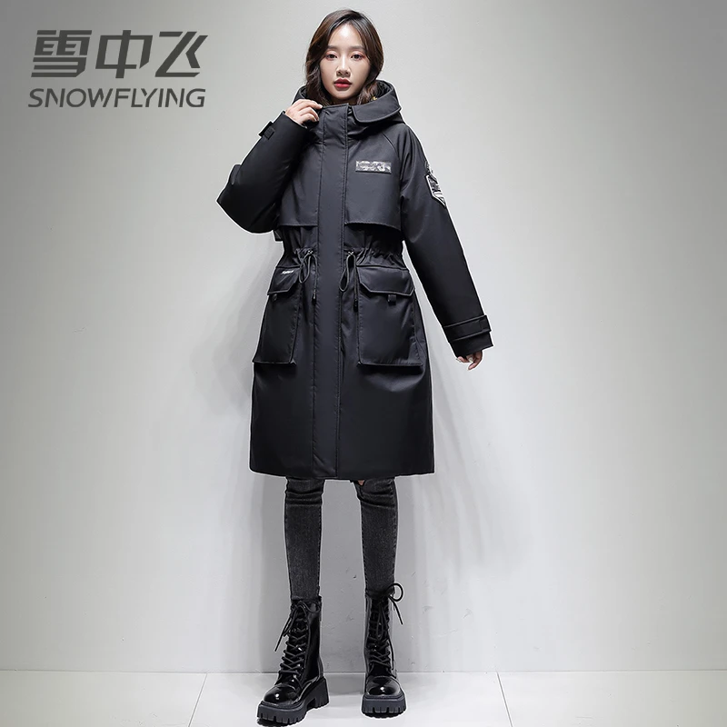 【收腰工装风】雪中飞女士中长款羽绒服时尚连帽保暖加厚女装外套