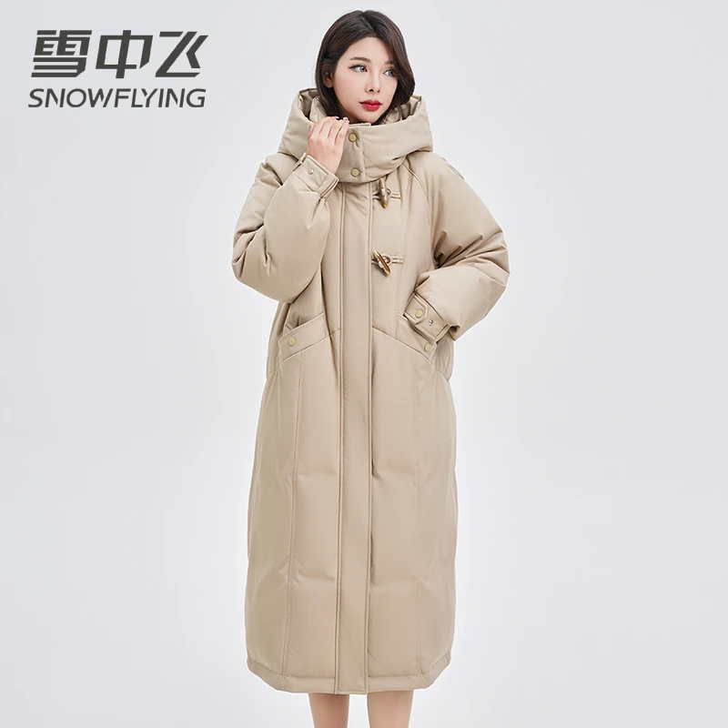 雪中飞羽绒服2023冬季新款韩版牛角扣中长款连帽鸭绒保暖休闲外套
