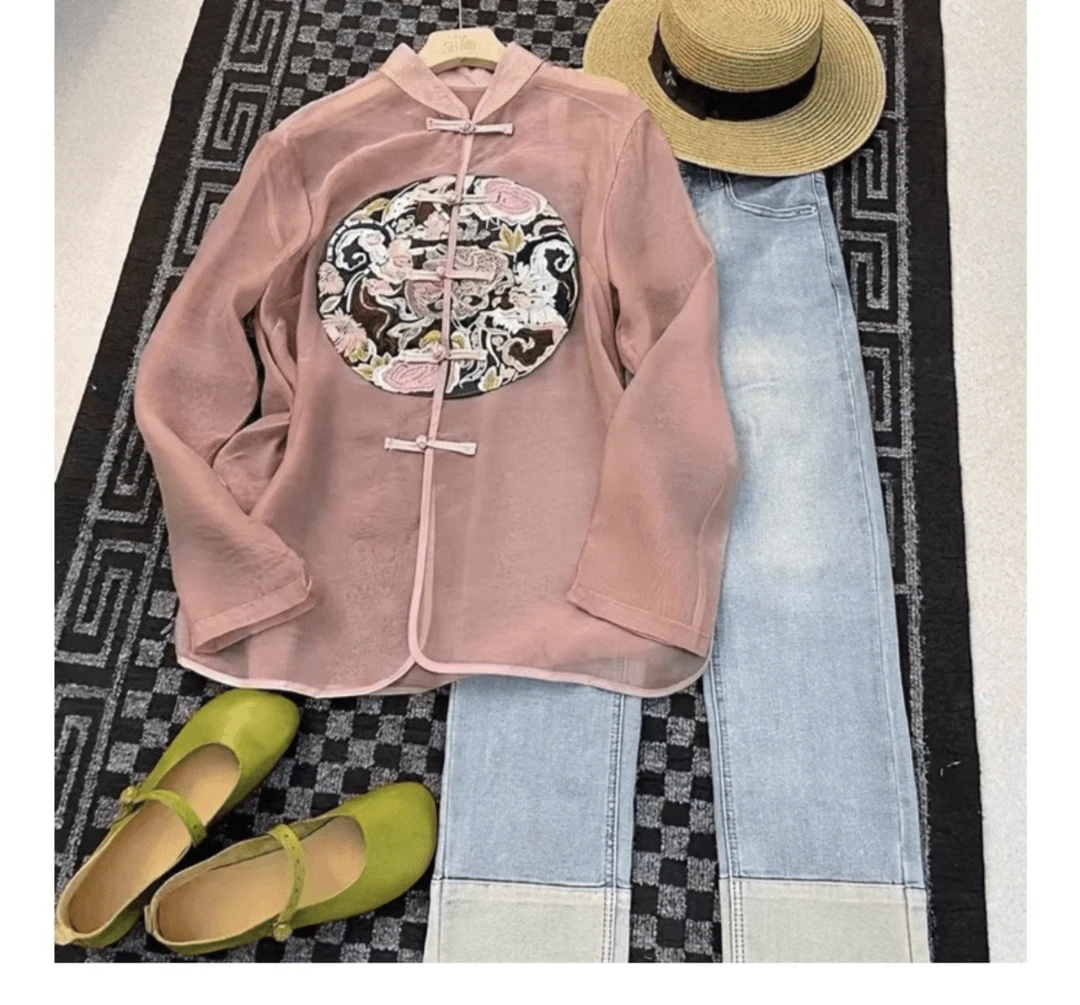 圆盘刺绣-新中式中国风刺绣盘扣暮云纱百搭气质显瘦防晒开衫