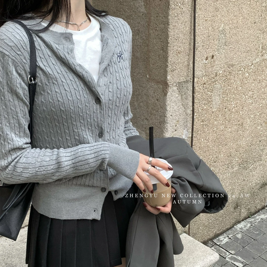 【ZHENG YU】美式复古学院风麻花针织开衫女早秋毛衣外套甜辣小上衣