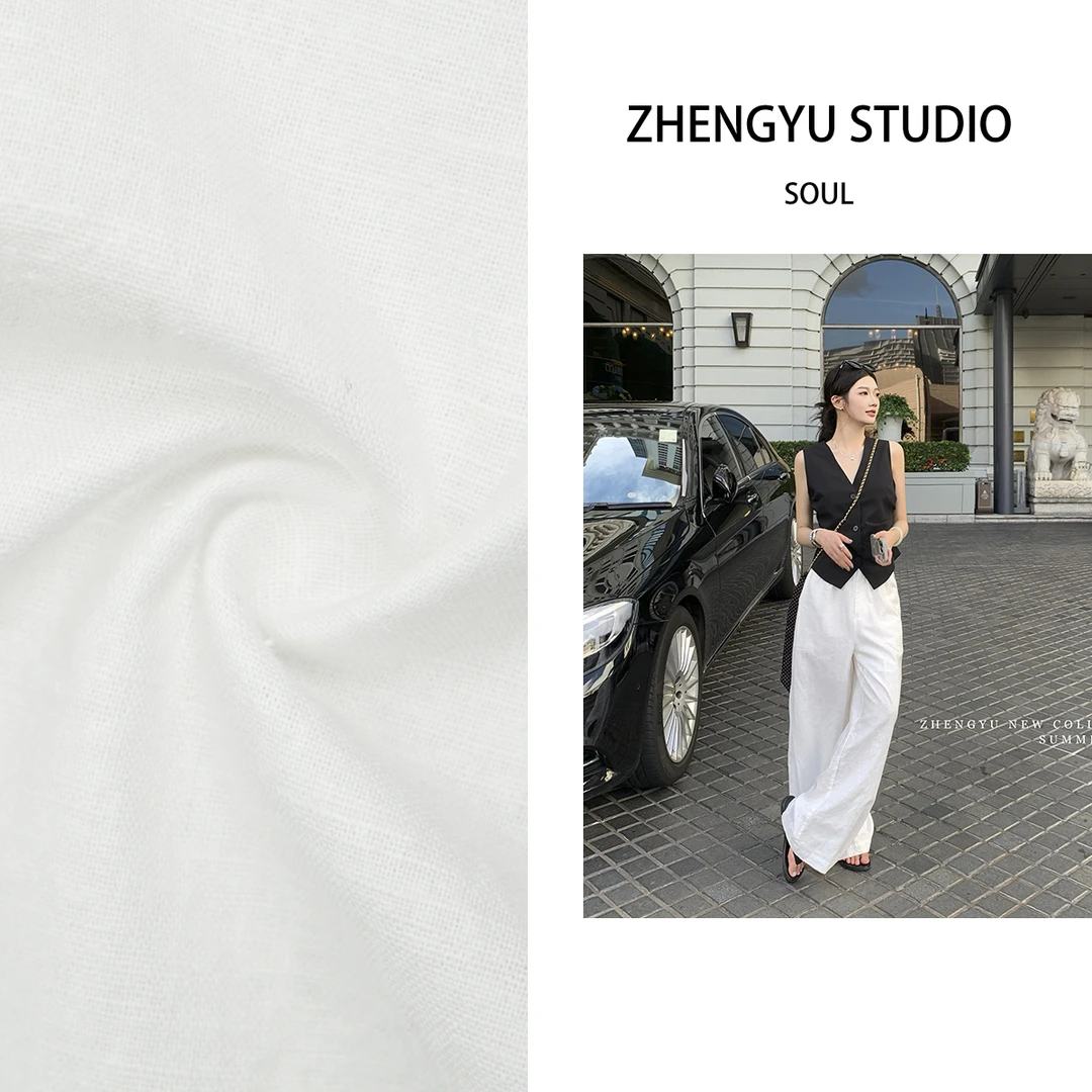 【ZHENG YU】空气感亚麻阔腿裤女春夏宽松百搭薄款白色休闲长裤