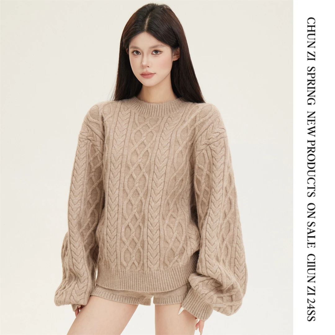【CHUN ZI】复古时髦麻花圆领毛衣女秋冬宽松软糯慵懒风针织上衣