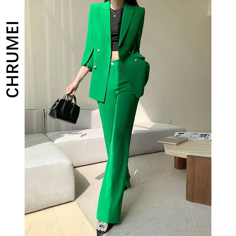 高级感韩版气质洋气减龄修身显瘦西装外套套装微喇叭裤长裤两件套