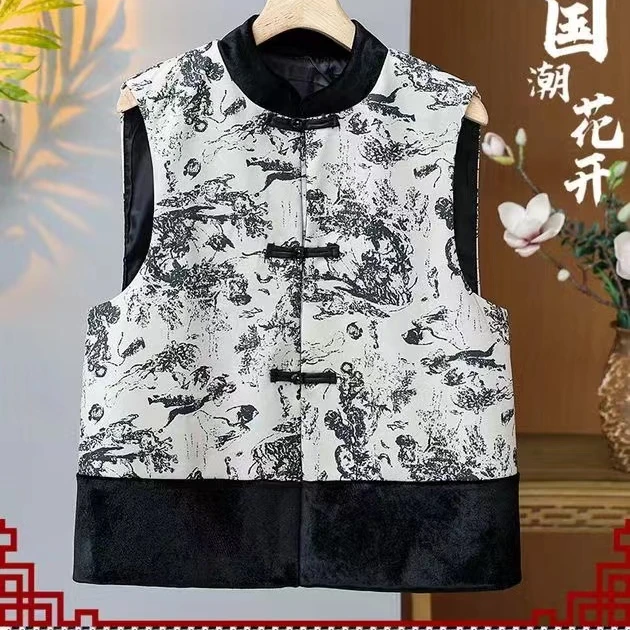 新中式丝绒水墨画盘扣马甲女2024春季新款复古中国风马甲