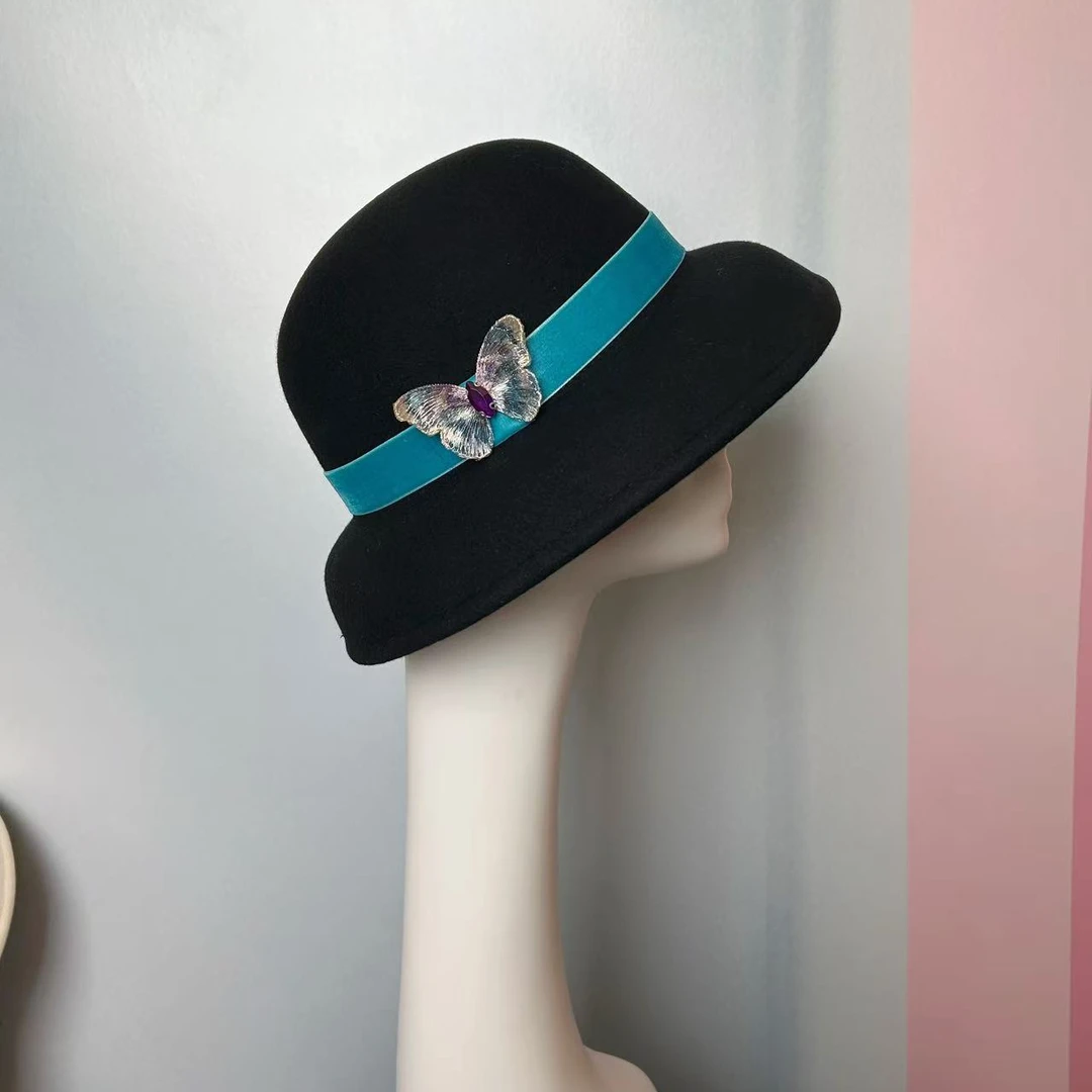 6662秋冬新优雅法式高级感赫本帽复古礼帽设计师盆帽黑色女士时尚