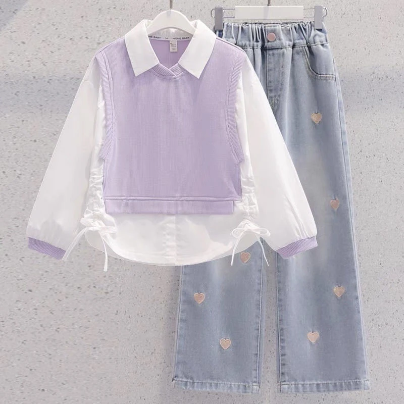 女童套装春秋季2024新款洋气女孩衬衫两件套秋装儿童装牛仔阔腿裤